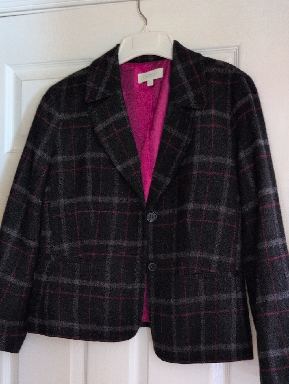 Talbots Black and Gray Plaid Wool-Blend Blazer with Pink Lining